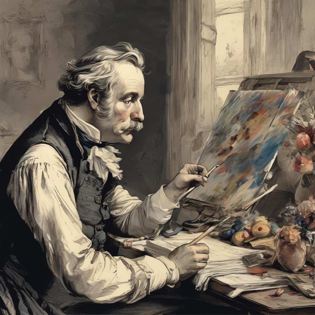 Παραστατικό και σαγηνευτικό πορτραίτο ζωγράφου στην εργασία, αναδεικνύοντας τέχνη και κοινωνία σε μουσείο.