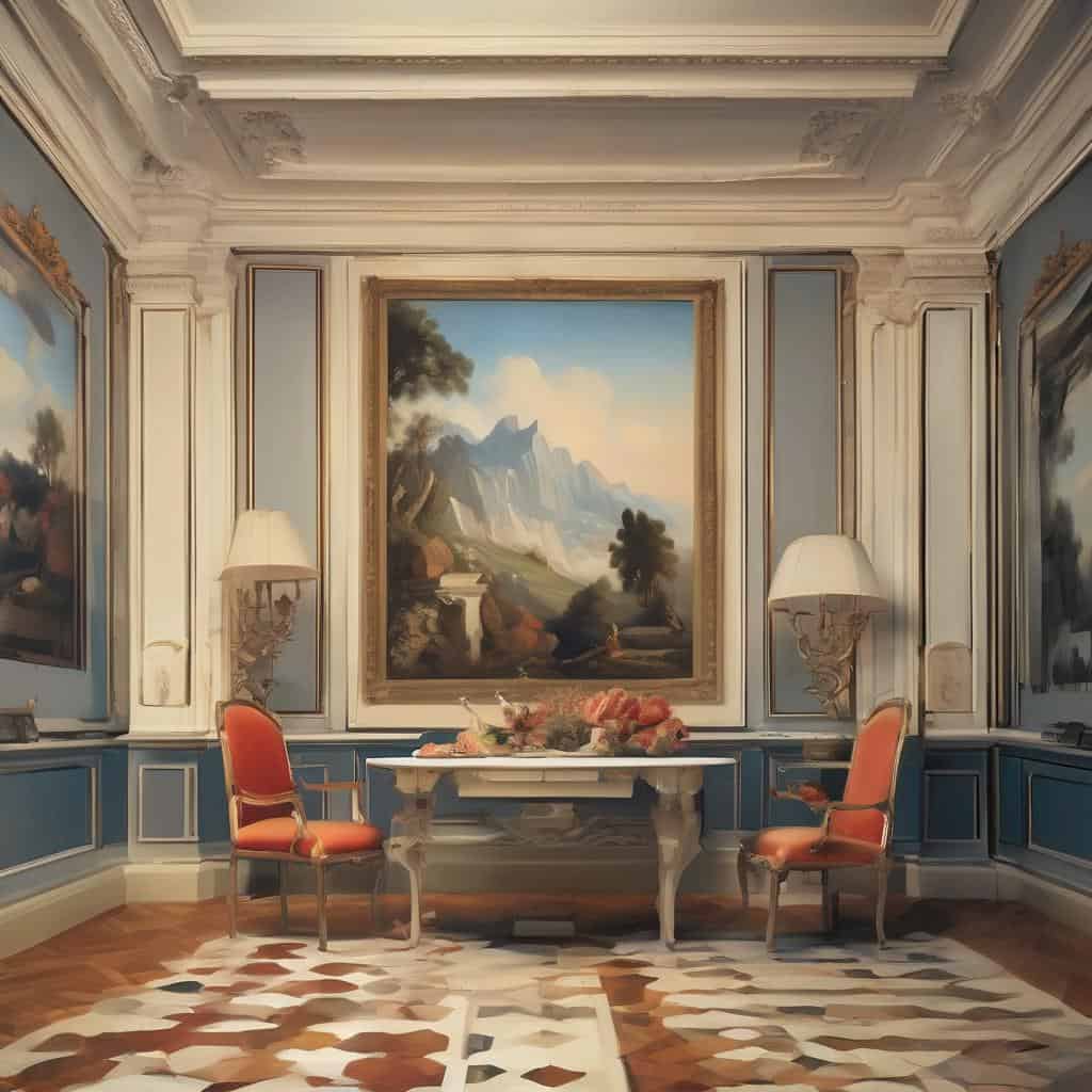 πολυτελής εσωτερικό με κλασική τέχνη και κοινωνική επίδραση, πολυθρόνες σε ομορφιά και ιστορία.