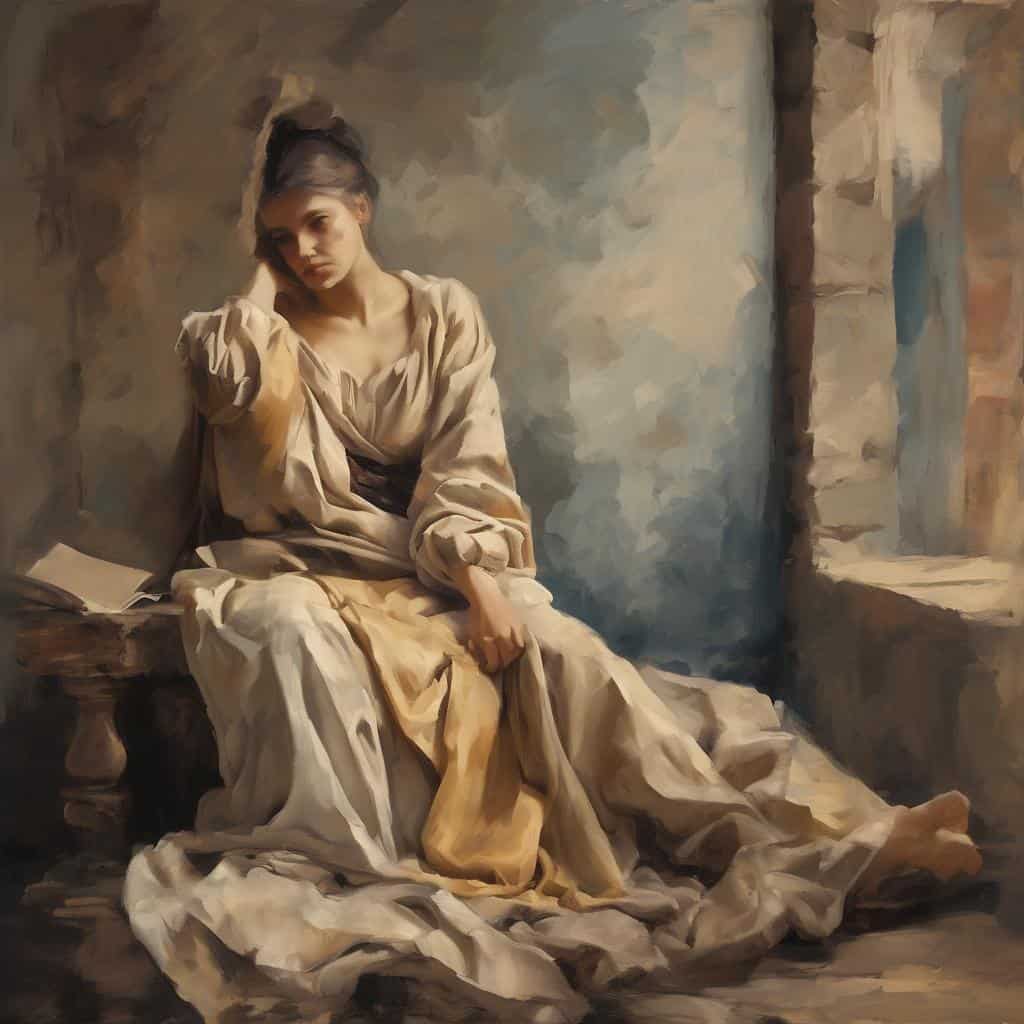 ρηχή εικόνα, νεαρή γυναίκα σε εσωτερικό χώρο με παλιά τοιχογραφία, εκφραστικό πορτρέτο, τέχνη και κοινωνία, ανθρώπινα συναισθήματα και αλλαγή, ιστορία και πολιτισμός, καλλιτεχνική φωτογραφία, σχηματικά χρώματα, vintage αισθητική.